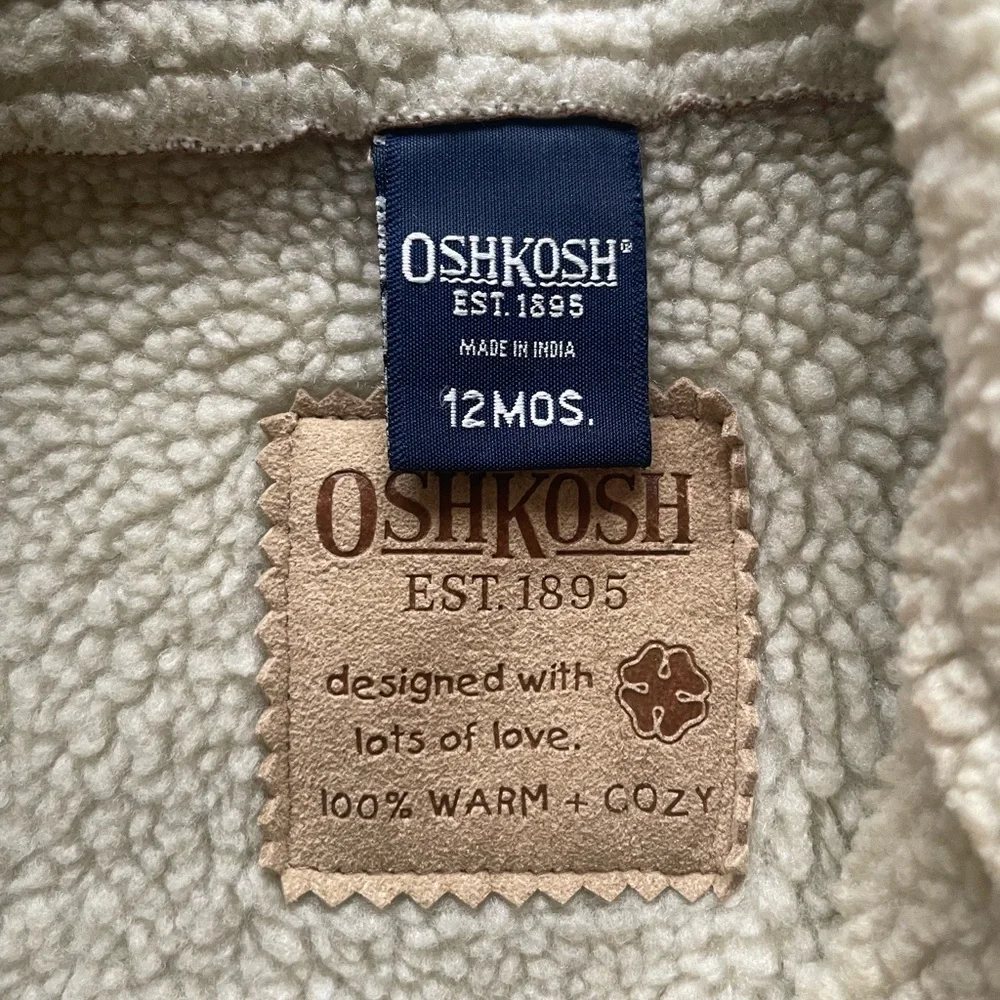 OshKosh B'gosh Tan Sherpa-Lined Boys Faux Suede Barn Trucker Jacket Coat EUC 12m